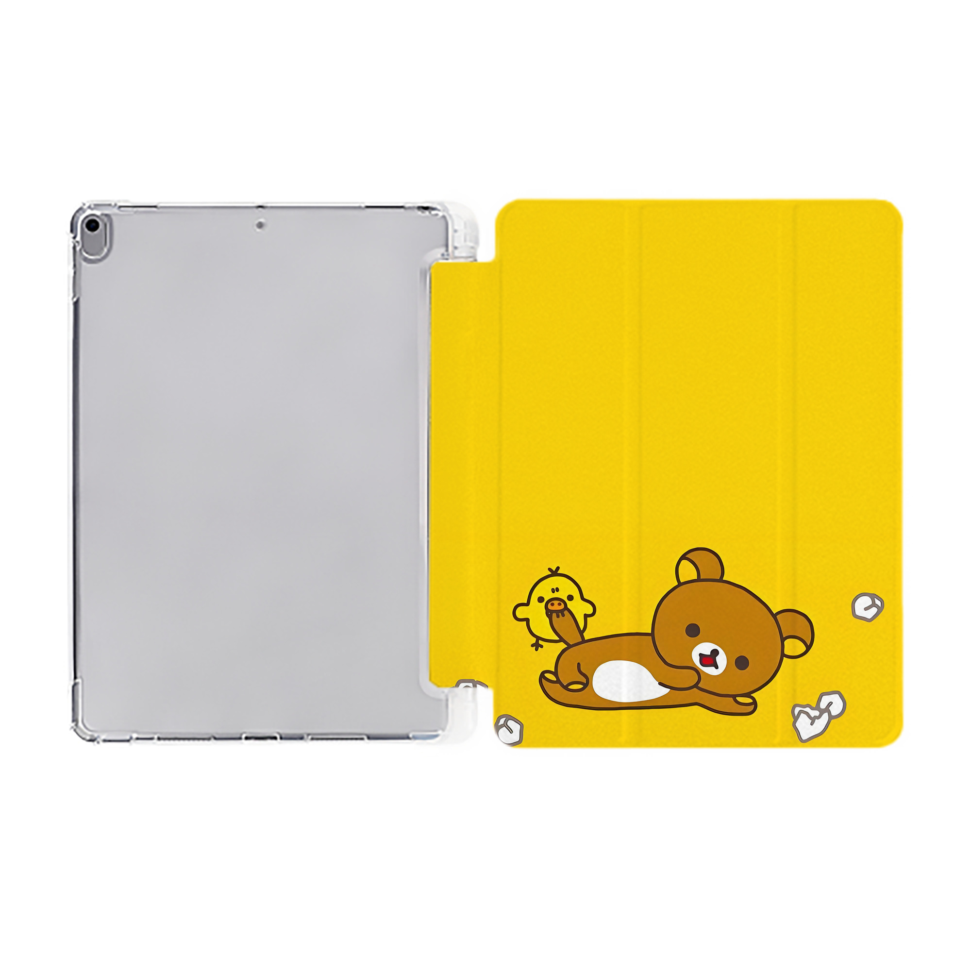 （画像用） リラックマ リラックマ キイロイトリ Rilakkuma Korilakkuma Kiiroitori IPad ケース ペン収納付き 三つ折りスタンド PUレザー×シリコン 対応機種9.5/10.5/10.9インチ